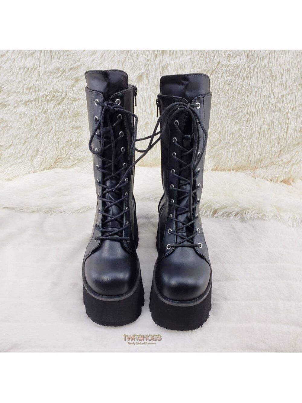 Ashes Black Matte Platform Goth Punk Mid Calf Combat Boots - Picture 11 of 14